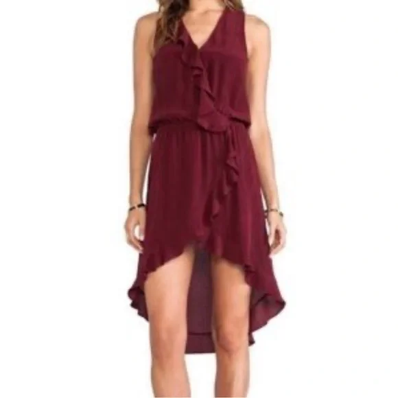 LAmade Burgundy 100% Silk Ruffle Luxury Midi High Low Dress - Picture 1 of 5